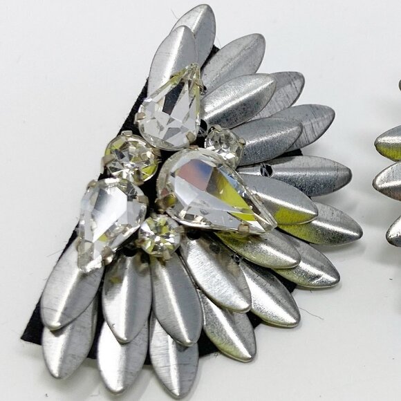 Silver Beaded Crystal Geometric Semicircle Fan Statement Earrings - Picture 6 of 7